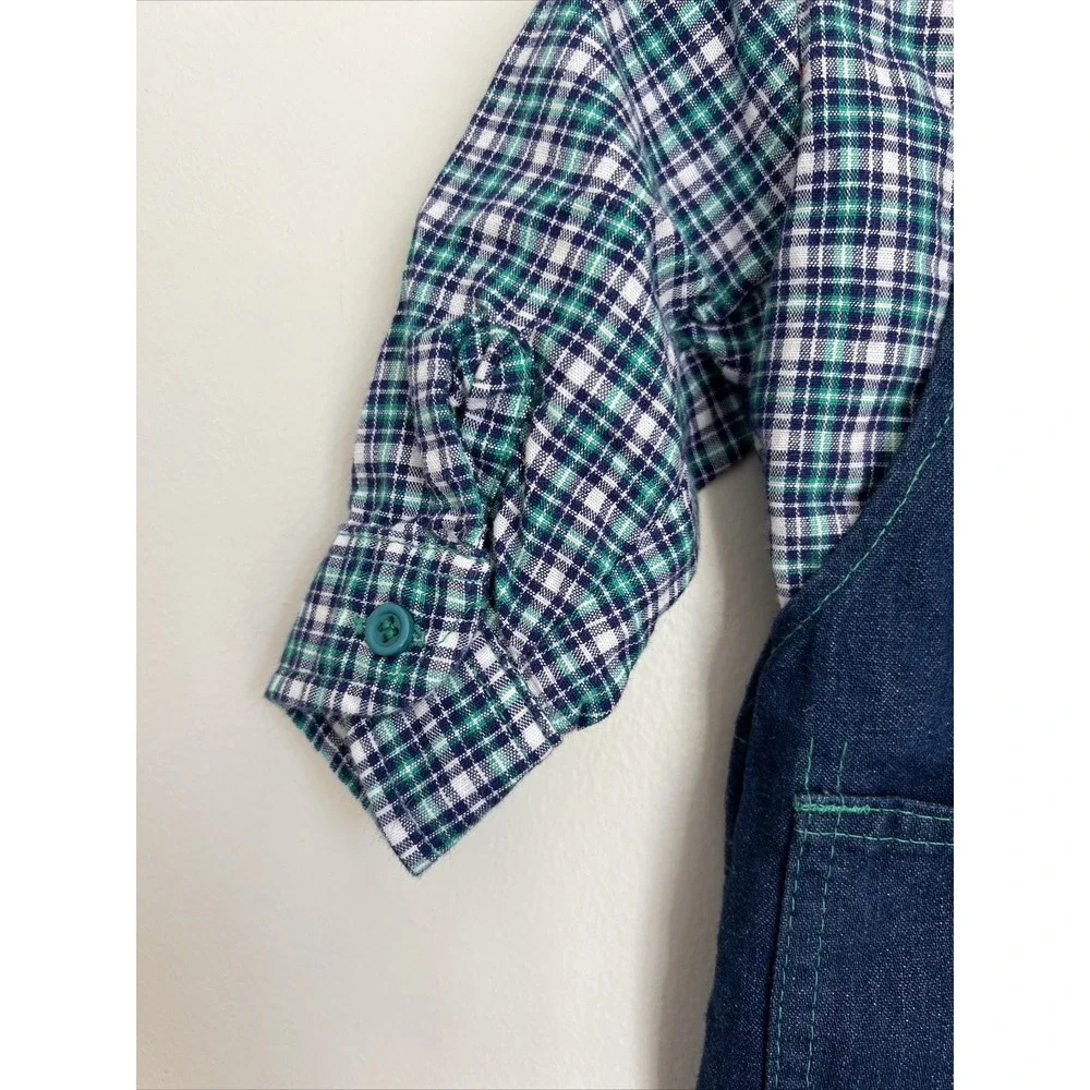 Vtg Oshkosh Vestbak Denim Bib Overalls Plaid Shirt Set Boys 12M USA RARE Plane